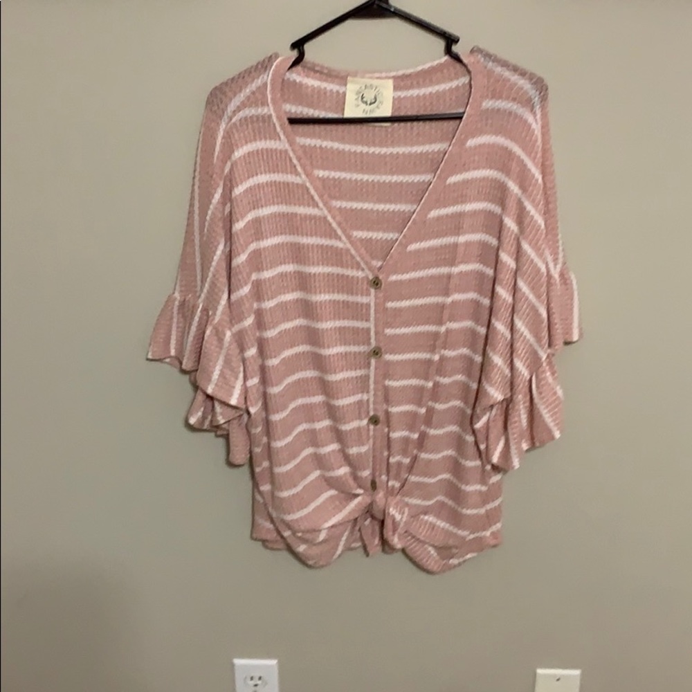 Blush and white ruffle sleeve blouse